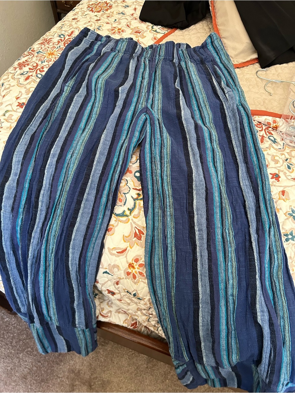 Free People Navy, Teal & Light Blue Striped Drawstring Jogger Pants